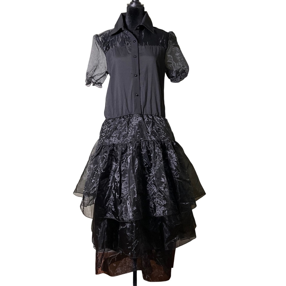 NWT Black Tiered Organza Shirt Dress Sheer Puff SLV Goth Whimsigoth High Low L